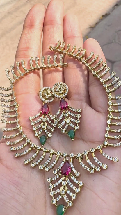 Rainbow Radiance Floral AD Necklace Set - Antique Gold Finish