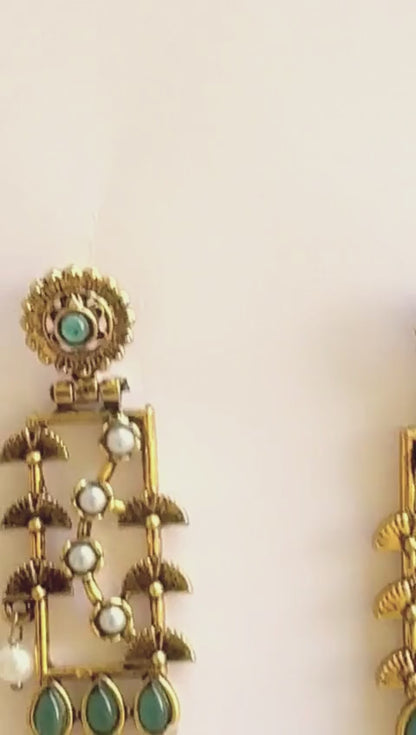 Rectangular Heritage Earrings with Teardrop Green Stones