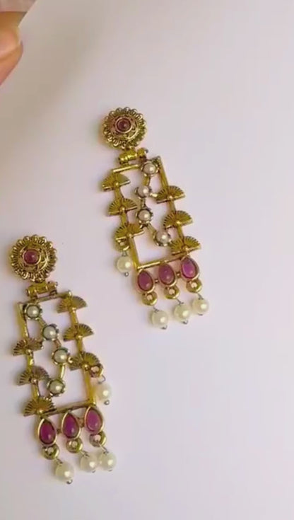 Rectangular Heritage Earrings with Ruby and Pearl Drops