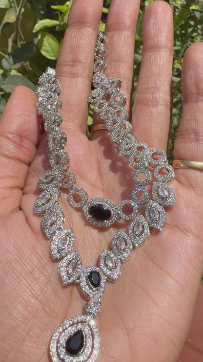 Midnight Bloom Double-Layered AD Necklace Set with Maang Tikka - Silver Finish