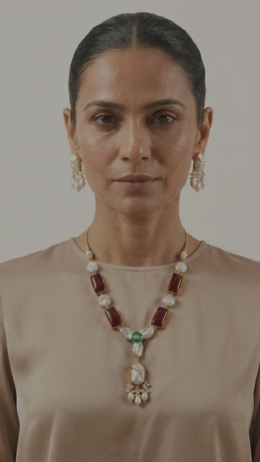 Ruby Stone & Pearl Necklace Set with Matching Earrings