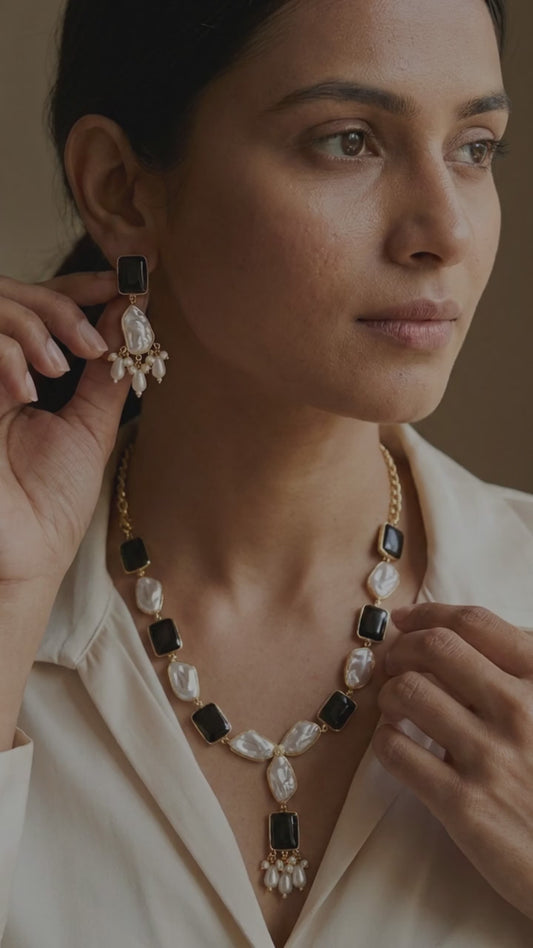 Black Stone & Pearl Necklace Set with Matching Earrings for Women
