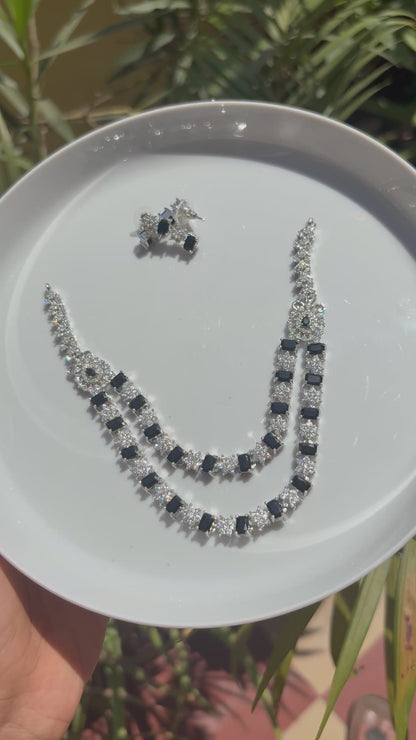 Regal Noir Double-Layered Square-Cut AD Necklace Set - Premium Silver Finish