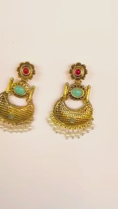 Vintage Gold-Toned Earrings with Mint Stone & Pearl Drops