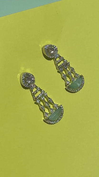 Mint Green Half-Moon AD Chandelier Earrings