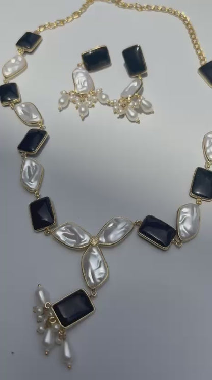 Black Stone & Pearl Necklace Set with Matching Earrings for Women