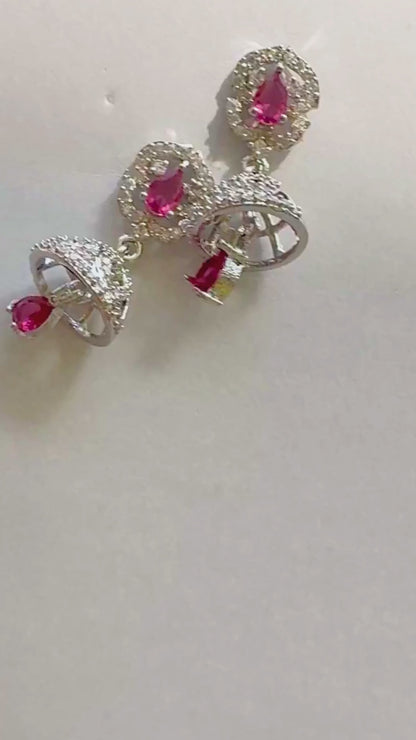 Ruby Pink Teardrop Jhumkas – Silver-Plated American Diamond Ethnic Earrings