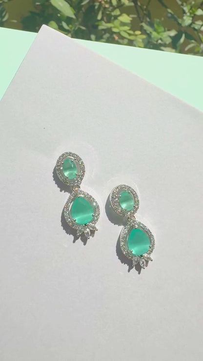 Emerald Green Long Pear-Cut AD Drop Earrings