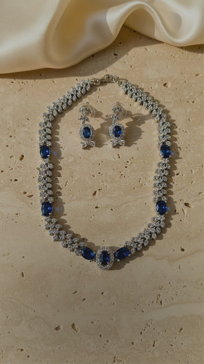 Sapphire Elegance Marquise AD Necklace Set – Silver Polish