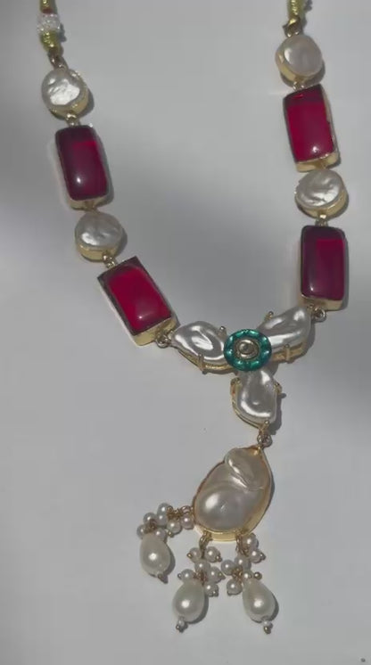 Ruby Stone & Pearl Necklace Set with Matching Earrings