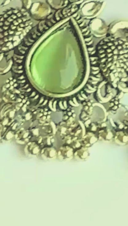 Dual green Peacock Oxidized Silver Earrings – NainNaksh Edit