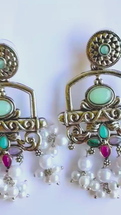 Oxidized Silver Earrings with Mint Green Stones & Pearls