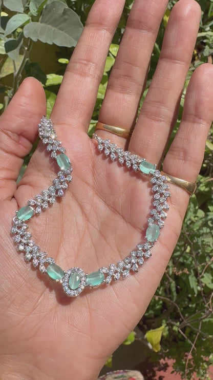 Mint Serenity Marquise Petal AD Necklace Set - Silver Polish