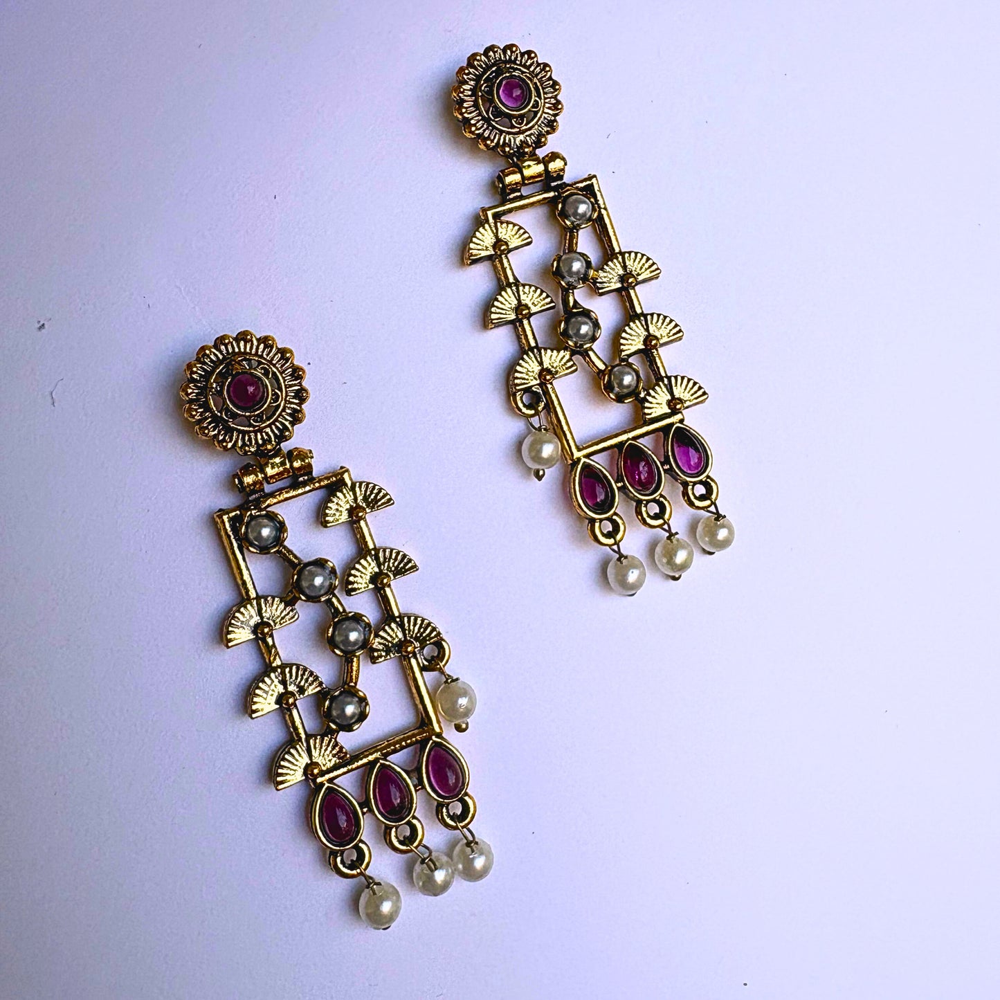 Rectangular Heritage Earrings with Ruby and Pearl Drops