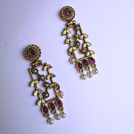 Rectangular Heritage Earrings with Ruby and Pearl Drops