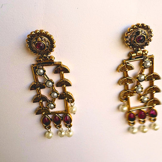Rectangular Heritage Earrings with Ruby and Pearl Drops