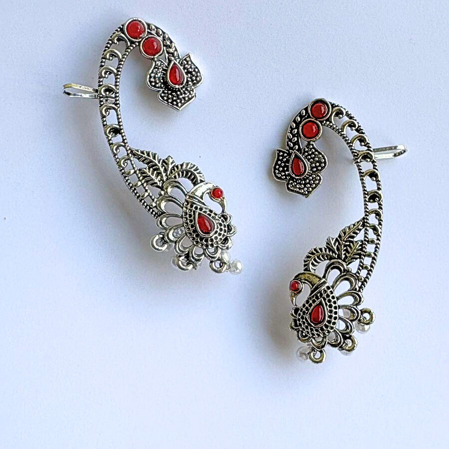 Antique Silver Oxidized Crescent Earcuff Earring with  Red Stones