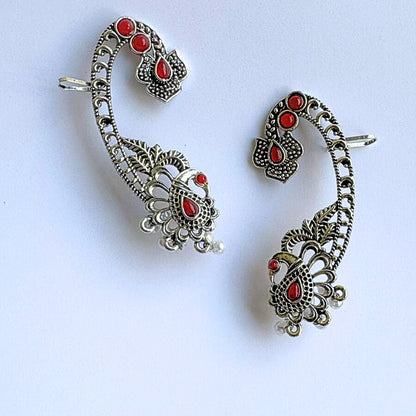 Antique Silver Oxidized Crescent Earcuff Earring with  Red Stones