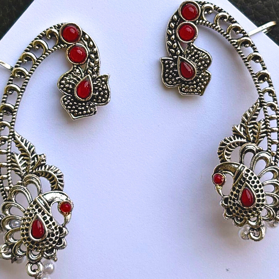 Antique Silver Oxidized Crescent Earcuff Earring with  Red Stones