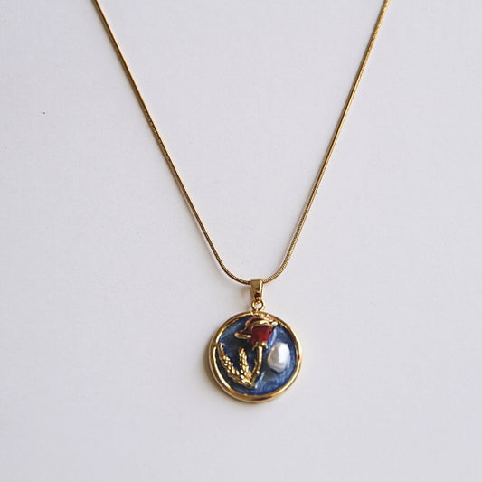 Gold Tone Rose & Pearl Botanical Art Pendant Necklace