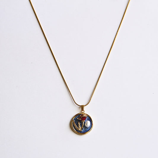 Gold Tone Rose & Pearl Botanical Art Pendant Necklace