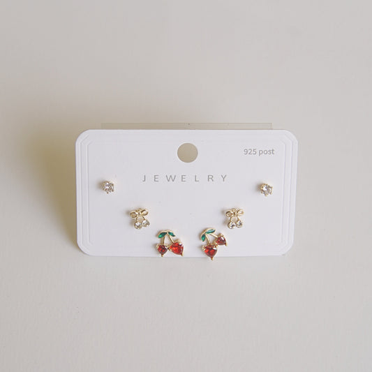 Cute Cherry & Bow Stud Earring Set (3 Pairs)