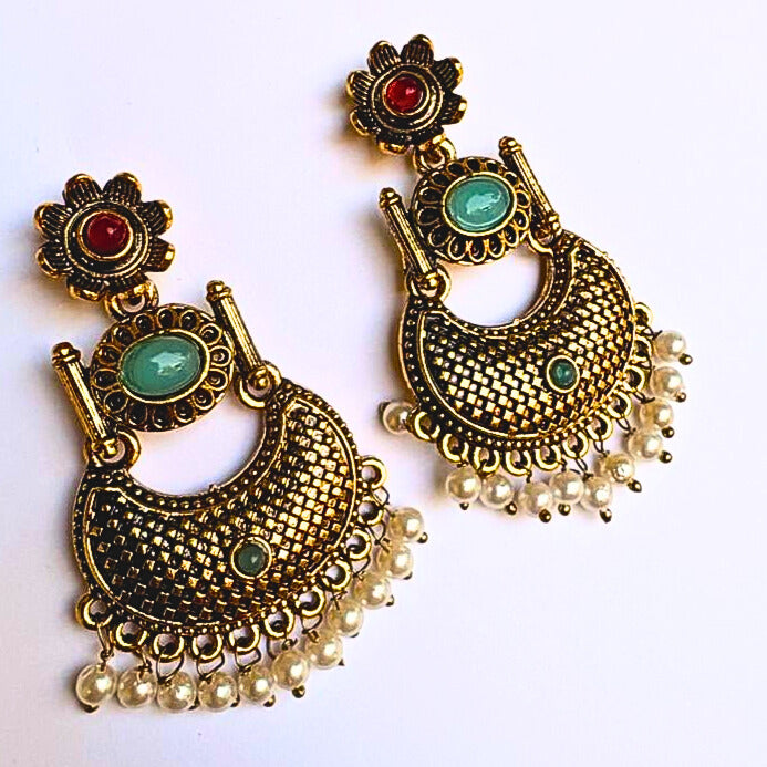 Vintage Gold-Toned Earrings with Mint Stone & Pearl Drops