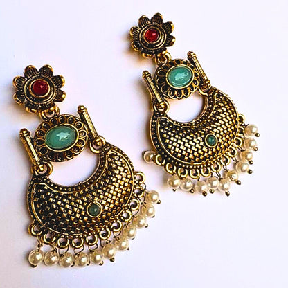 Vintage Gold-Toned Earrings with Mint Stone & Pearl Drops