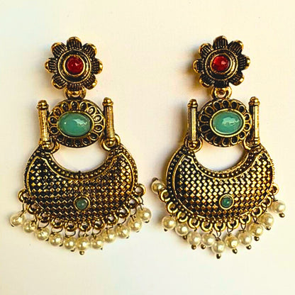 Vintage Gold-Toned Earrings with Mint Stone & Pearl Drops