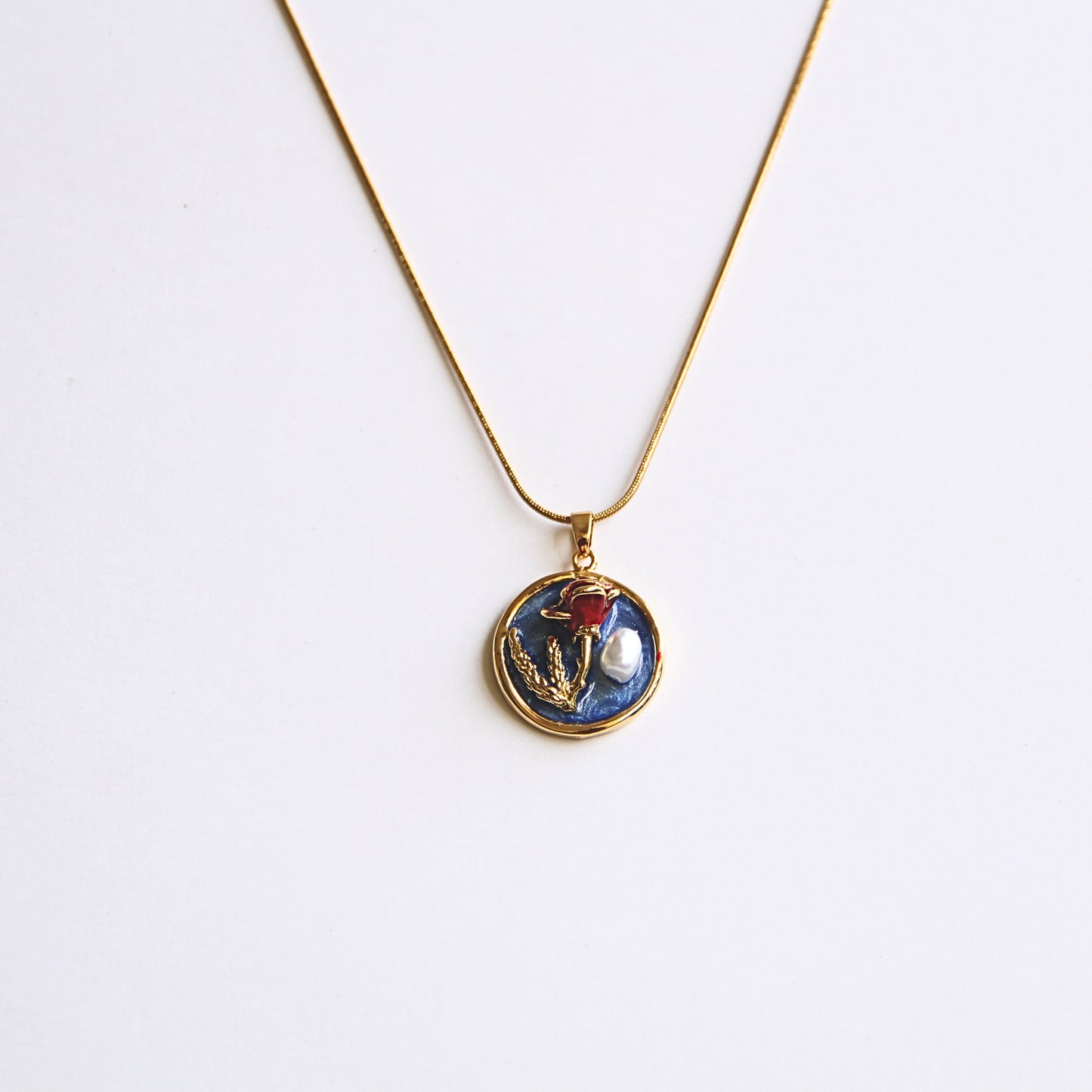 Gold Tone Rose & Pearl Botanical Art Pendant Necklace