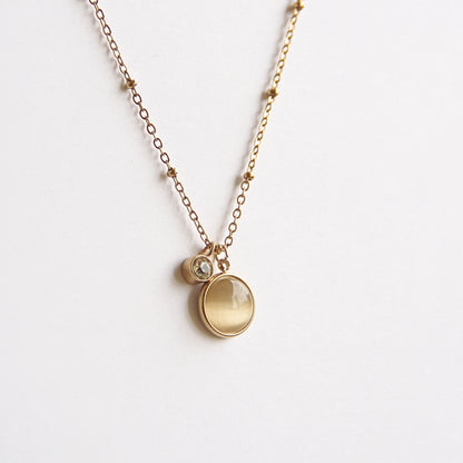 Minimalist Gold Tone Double Charm Necklace with Crystal & Gemstone