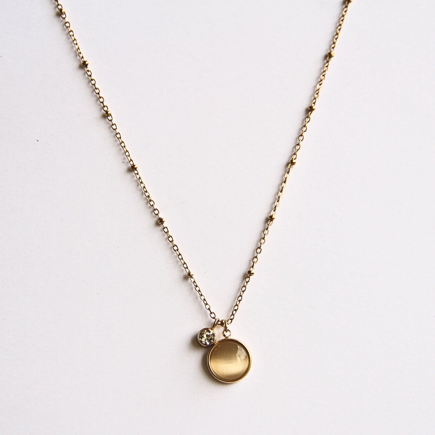 Minimalist Gold Tone Double Charm Necklace with Crystal & Gemstone