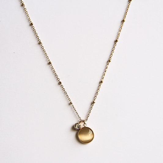 Minimalist Gold Tone Double Charm Necklace with Crystal & Gemstone