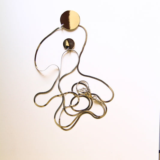 Dual Silver Tone Herringbone Chain &amp; Coin Pendant Necklace