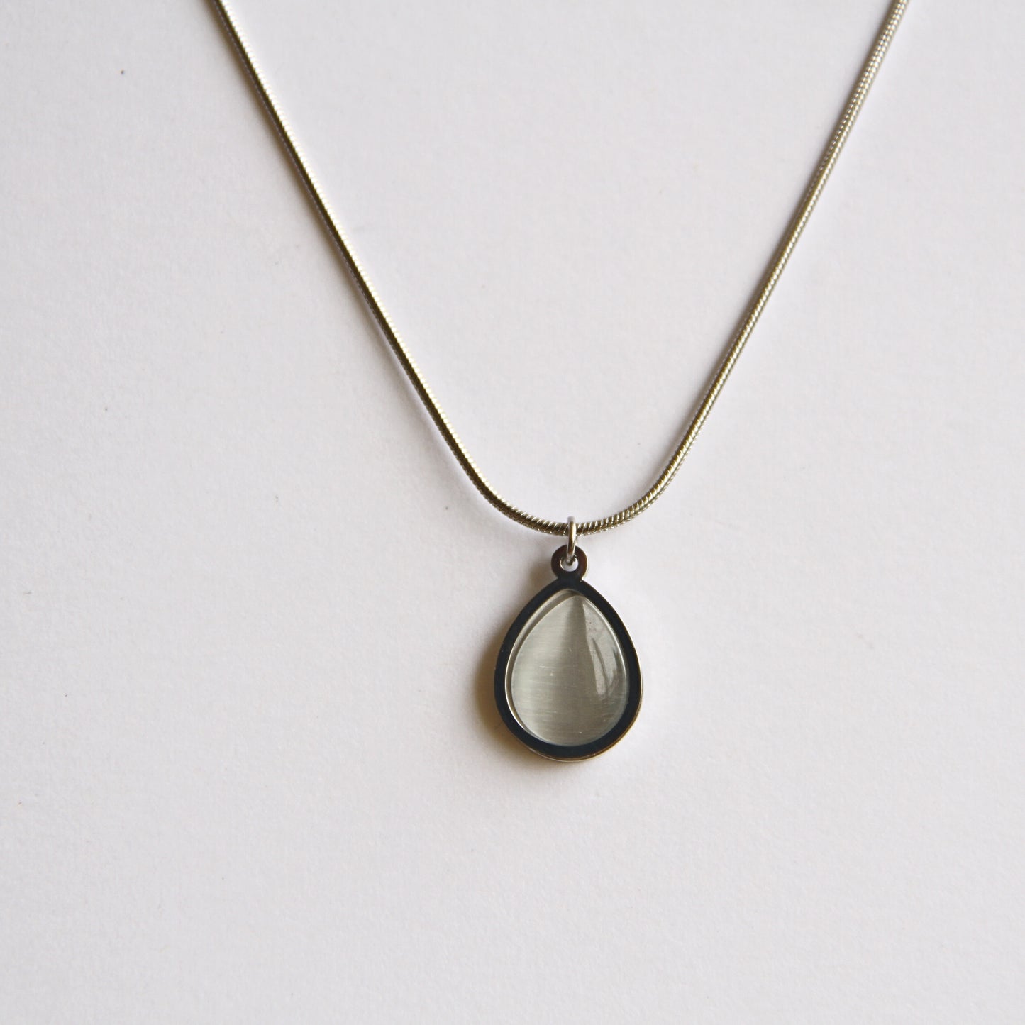 Minimalist Silver Tone Necklace with Iridescent Teardrop Pendant