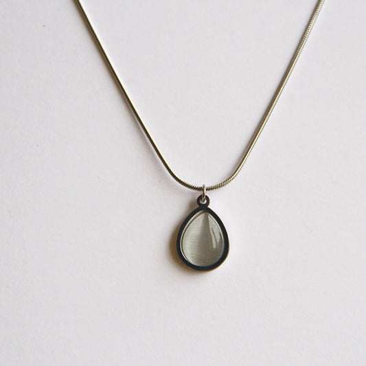 Minimalist Silver Tone Necklace with Iridescent Teardrop Pendant