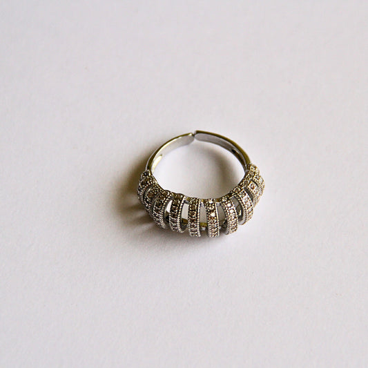Silver Statement Ring with Diamond Cage Design