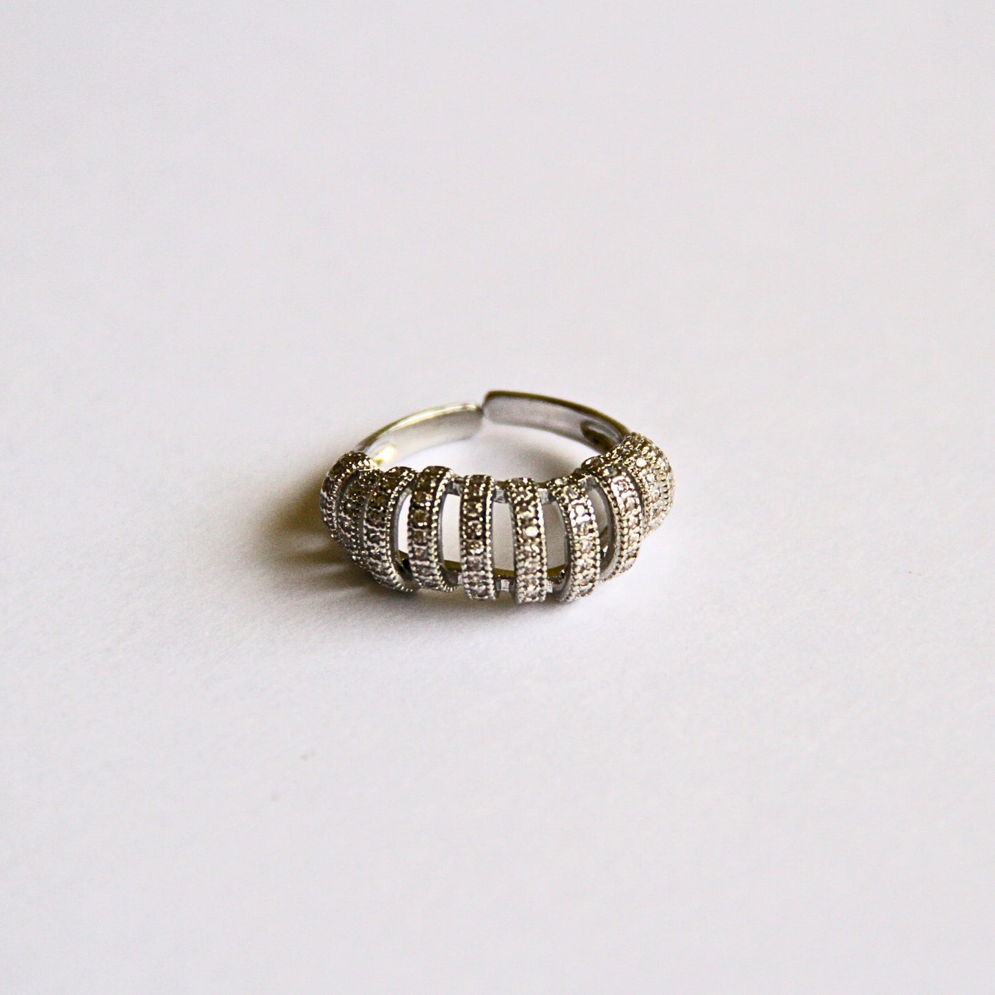 Silver Statement Ring with Diamond Cage Design