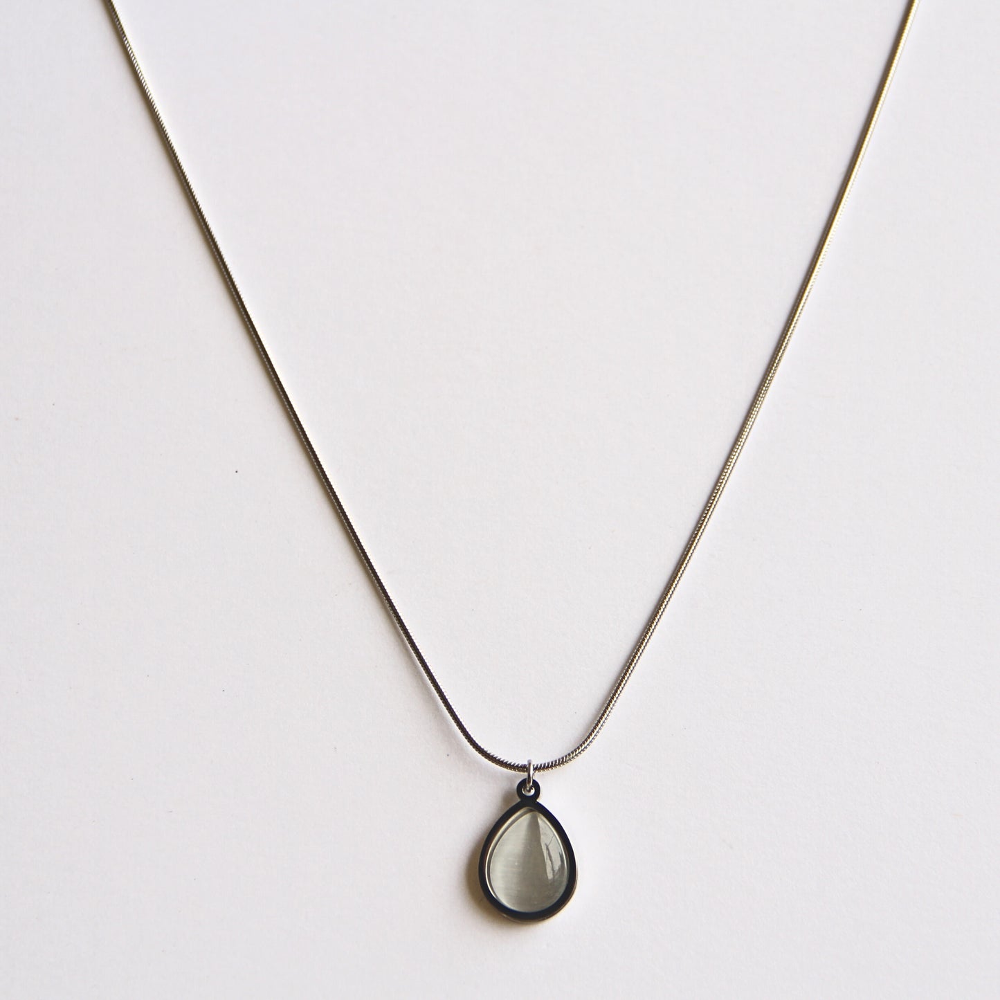 Minimalist Silver Tone Necklace with Iridescent Teardrop Pendant