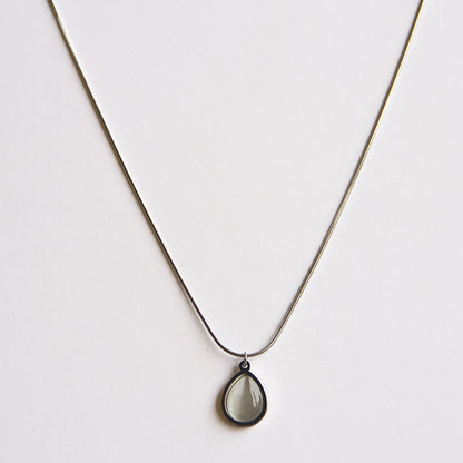 Minimalist Silver Tone Necklace with Iridescent Teardrop Pendant