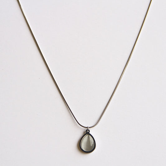 Minimalist Silver Tone Necklace with Iridescent Teardrop Pendant